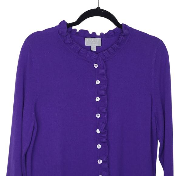 Pure Collection 100% Cashmere Purple Ruffle Cardigan Sweater Size 12 - Picture 2 of 5